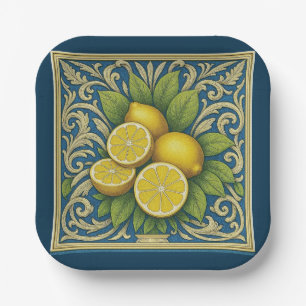 Lemon Amalfi Blue Mediterranean Art Nouveau Paper Plates