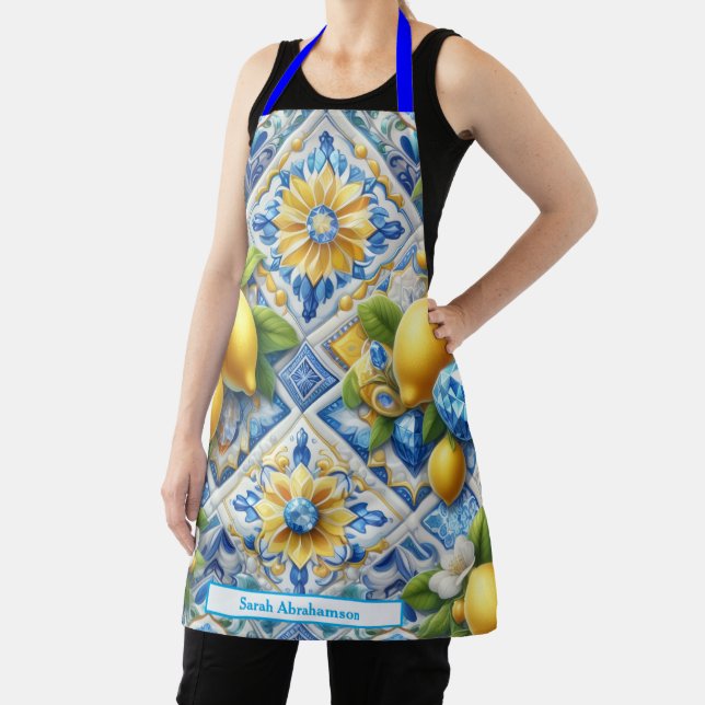 Lemon Amalfi Mediterranean Tiles Diamonds Apron (Insitu)