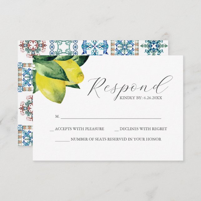 Lemon Amalfi Tile Wedding RSVP Card (Front/Back)