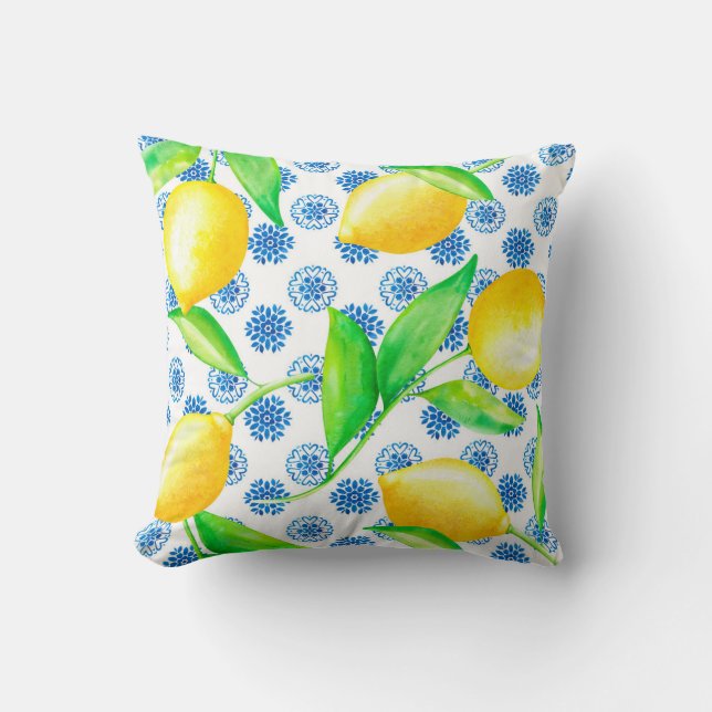 Lemon and Azulejos Blue and White Throw Pillow (Front)