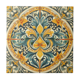 Lemon and Blue Azulejo Lisbon Patterned Talavera Ceramic Tile