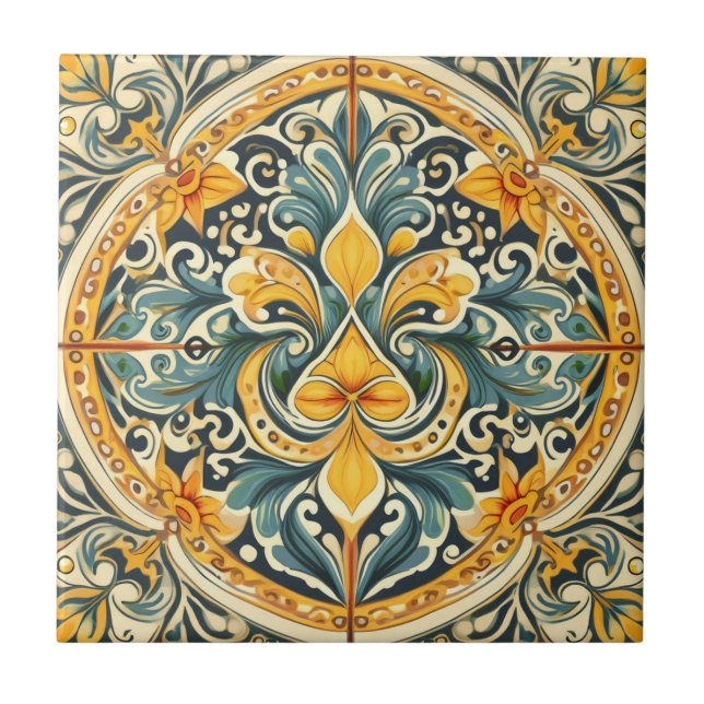 Lemon and Blue Azulejo Lisbon Patterned Talavera   Ceramic Tile (Front)