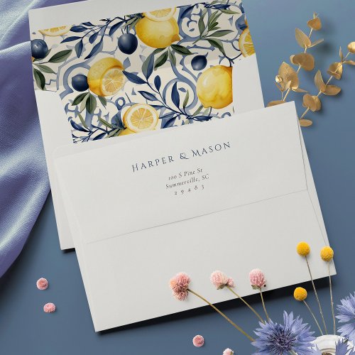 Lemon and Blue Azulejo Wedding Envelope Set