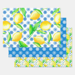 Lemon and Blue Azulejos Pattern Wrapping Paper Sheets