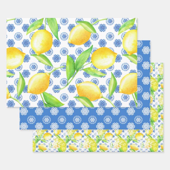 Lemon and Blue Azulejos Pattern Wrapping Paper Sheets (Set)