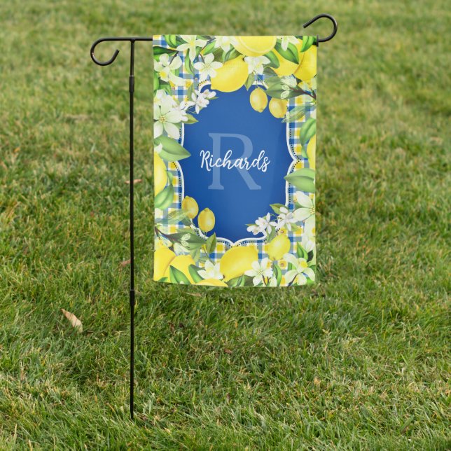 Lemon and Blue Citrus Floral Garden Flag (In SItu)