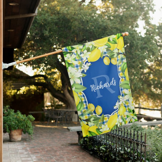 Lemon and Blue Citrus Floral House Flag (In SItu)