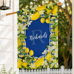 Lemon and Blue Citrus Floral House Flag