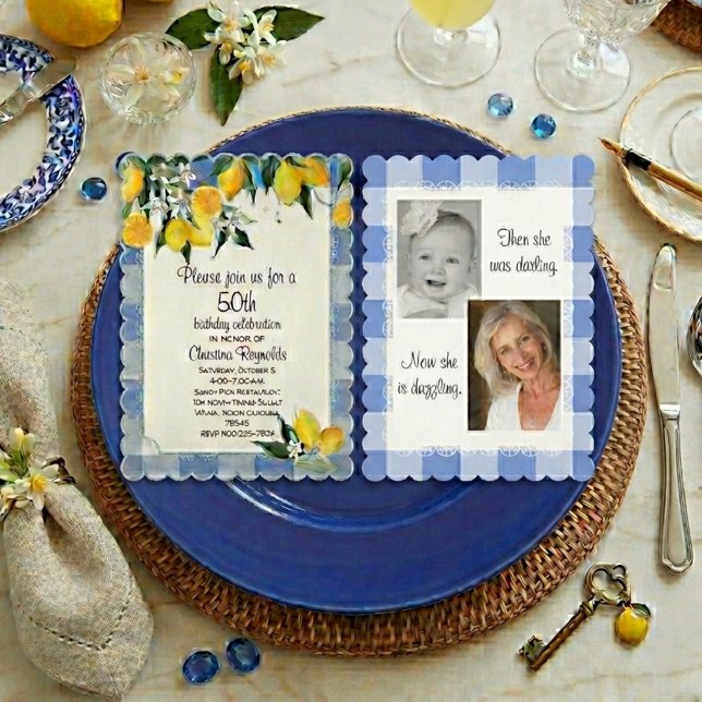 Lemon and Blue Gingham 50th Birthday Invitation (Creator Uploaded)