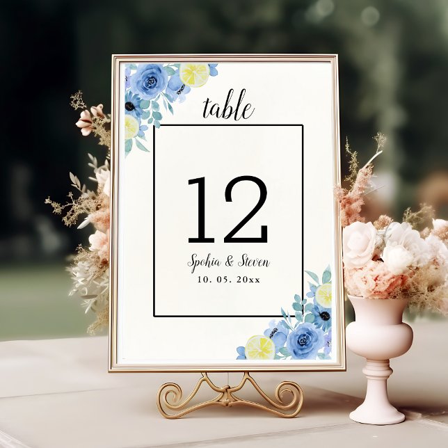 Lemon and Blue Mediterranean Wedding Table Number (Creator Uploaded)