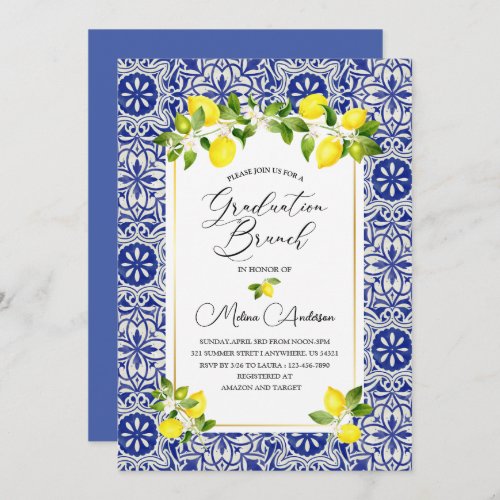 Lemon  and blue mosaic watercolor graduation bran Invitation