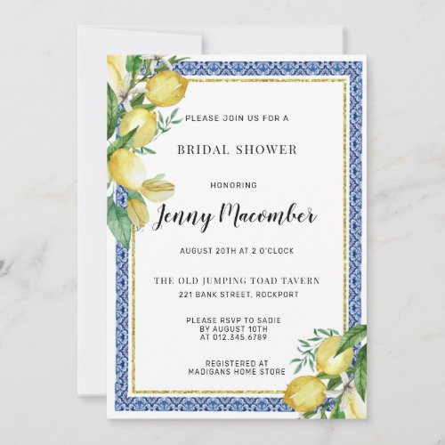 Lemon and Blue Tile Bridal Shower Invitation