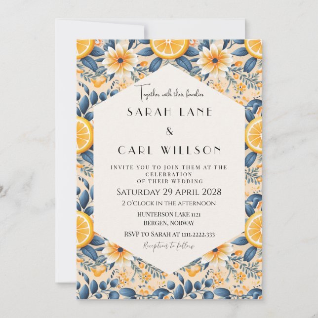 Lemon And Blush Pink Fancy Floral Wedding Invitation (Front)