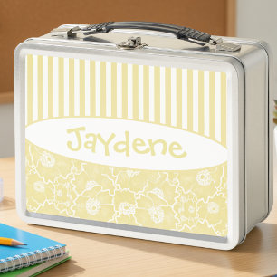 Lemon And Cream Flowers With Stripes Metal Lunch Box