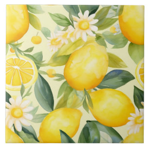 Lemon and Daisy Watercolor Pattern Ceramic Tile