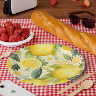 Lemon and Daisy Watercolor Pattern Paper Plates
