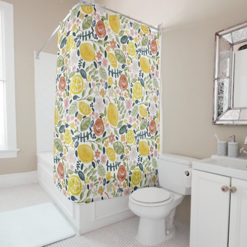 Lemon and floral botanical shower curtain