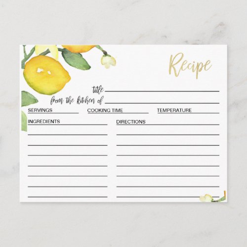 Lemon And Foliage Bridal Shower Recipe Card