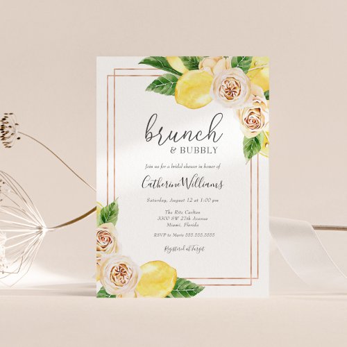 Lemon and Greenery Brunch and Bubbly Bridal Shower Invitation