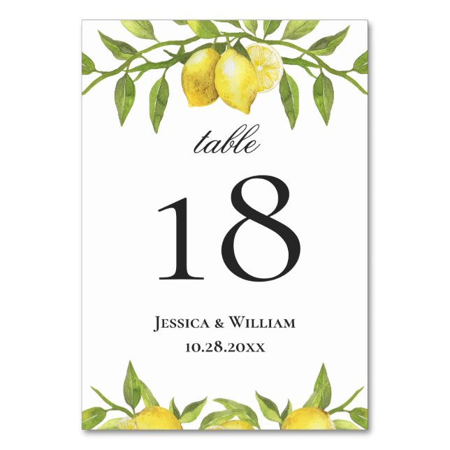 Lemon and Greenery Stylish Wedding Table Number (Front)
