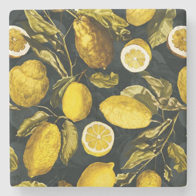 Lemon and Leaf Pattern V Stone Coaster (Front)
