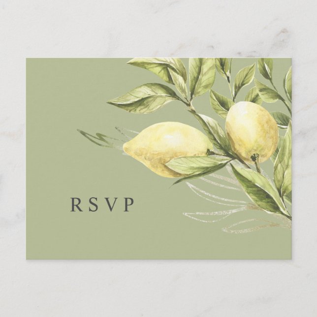 Lemon and leaves Green Wedding RSVP Postcard (Front)