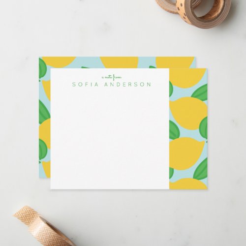 Lemon and Leaves Pattern Personalized Note Card
