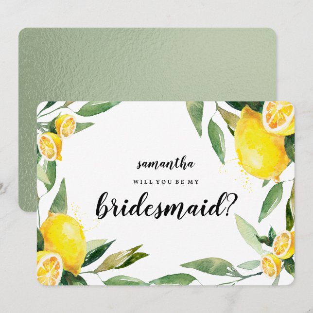 Lemon and Leaves Will You Be My Bridesmaid Card (Front/Back)
