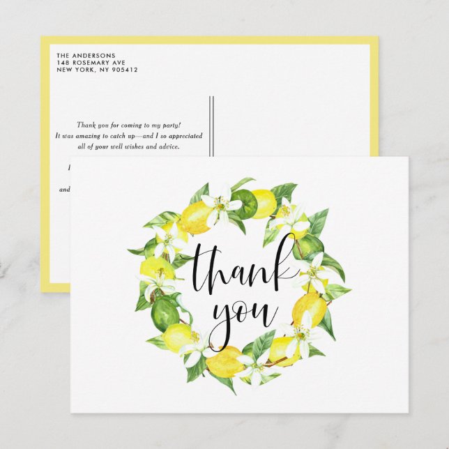 Lemon and  Lemon Blossoms Wreath Summer Thank You Postcard (Front/Back)