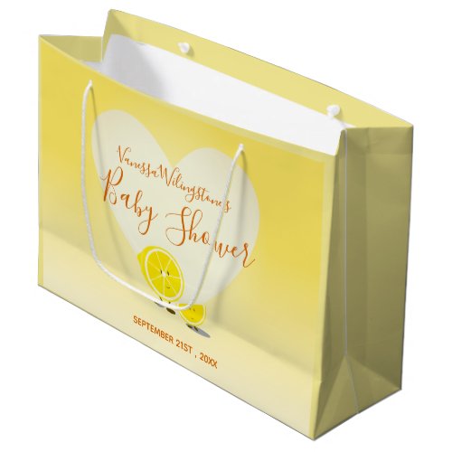 Lemon and Lemon Slice Baby Shower Heart Yellow Large Gift Bag