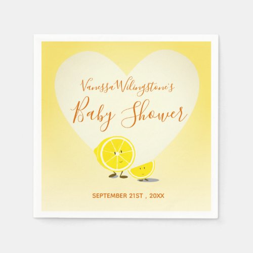 Lemon and Lemon Slice Baby Shower Heart Yellow Napkins