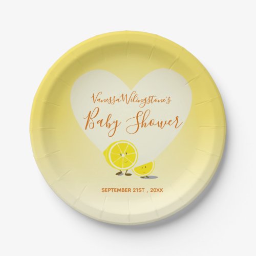 Lemon and Lemon Slice Baby Shower Heart Yellow Paper Plates