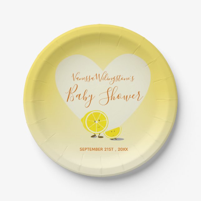 Lemon and Lemon Slice Baby Shower Heart Yellow Paper Plates (Front)