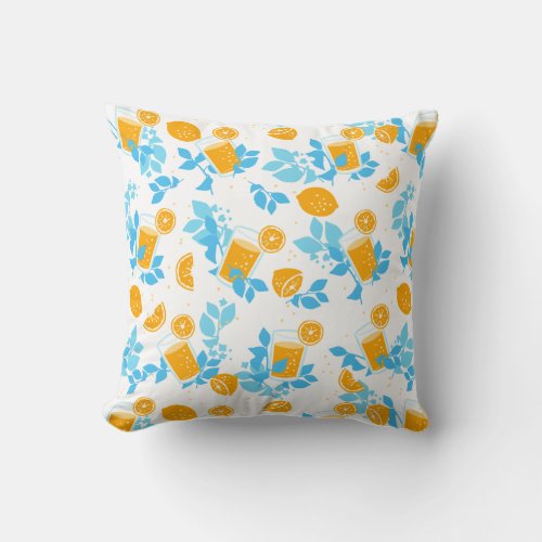 Lemon and Lemonade Blue Floral Pattern Throw Pillow