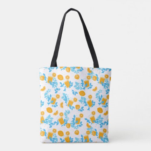 Lemon and Lemonade Floral Blue Pattern Tote Bag