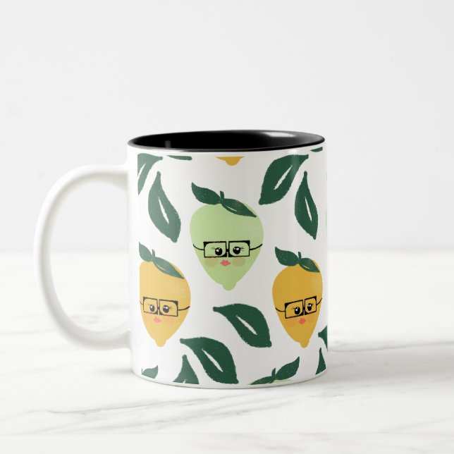 Lemon and Lime Citrus Cartoon Illustration Two-Tone Coffee Mug (Left)