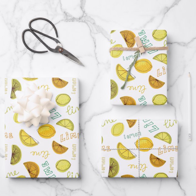 Lemon and Lime Fruit Pattern Wrapping Paper Sheets (Front)