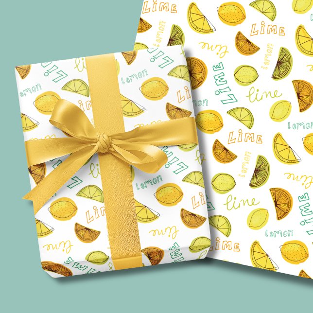 Lemon and Lime Fruit Pattern Wrapping Paper Sheets (Lemon & Lime Citrus Fruit Wrapping Paper)