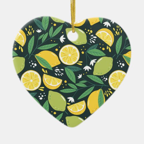 Lemon and Limes Fruit Pattern in Green and Yellow Ceramic Ornament