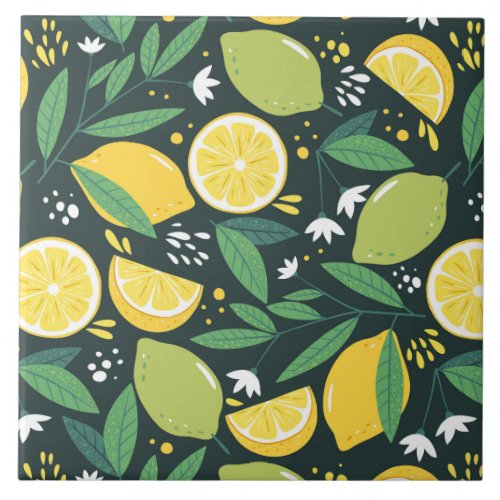 Lemon and Limes Fruit Pattern in Green and Yellow Ceramic Tile