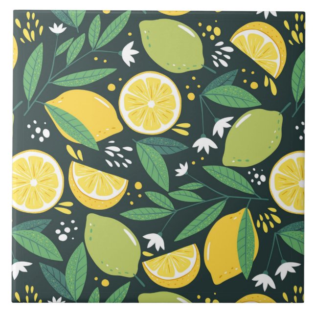 Lemon and Limes Fruit Pattern in Green and Yellow Ceramic Tile (Front)