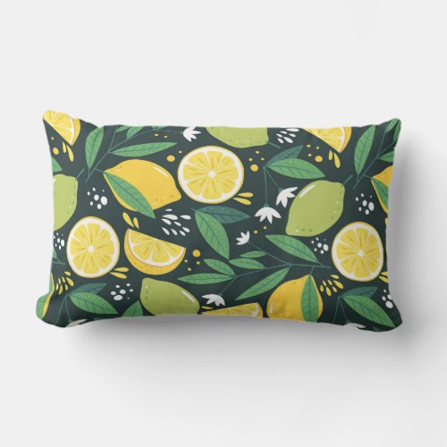 Lemon and Limes Fruit Pattern in Green and Yellow Lumbar Pillow