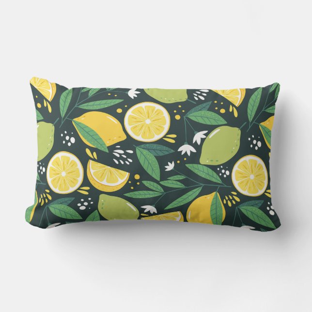 Lemon and Limes Fruit Pattern in Green and Yellow Lumbar Pillow (Front)