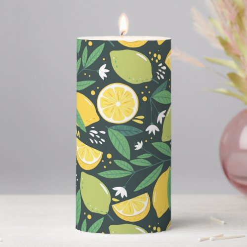 Lemon and Limes Fruit Pattern in Green and Yellow Pillar Candle