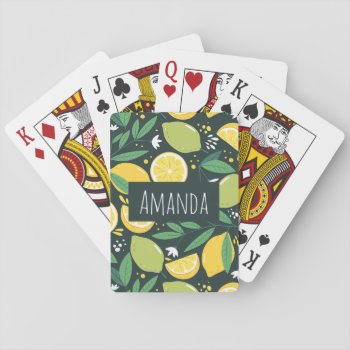 Lemon And Limes Fruit Pattern In Green And Yellow Playing Cards by Mirribug at Zazzle