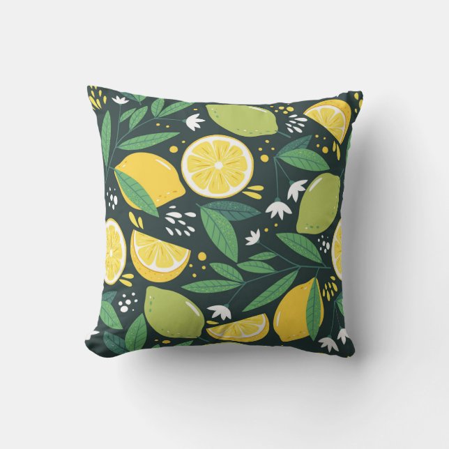 Lemon and Limes Fruit Pattern in Green and Yellow  Throw Pillow (Front)