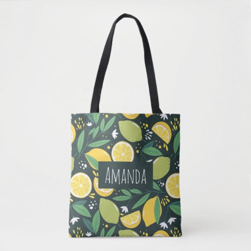 Lemon and Limes Fruit Pattern in Green and Yellow Tote Bag