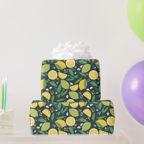 Lemon and Limes Fruit Pattern in Green and Yellow  Wrapping Paper