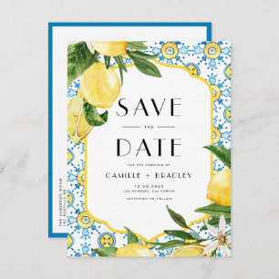 Lemon and Moroccan Tile QR Code Save the Date Announcement Postcard