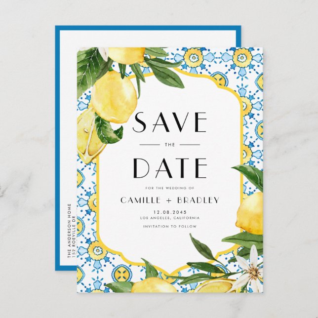 Lemon and Moroccan Tile QR Code Save the Date Announcement Postcard (Front/Back)